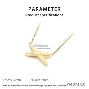 Polished stainless steel X-shaped pendant necklace with detailed size and weight specs