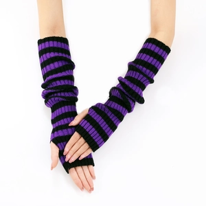 Detail of long knitted fingerless arm warmers featuring black and purple stripes