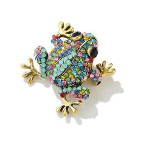 Vue détaillée d'une broche grenouille rétro en métal avec des strass multicolores