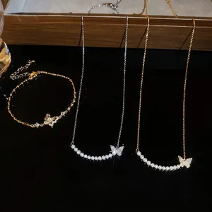 Butterfly Pendant Necklace And Bracelet Copper 18K Gold Plated Zircon Faux Artificial Pearl Elegant Fashion Accessories For Women