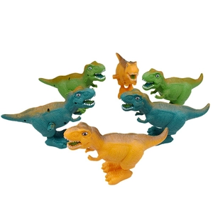 Set of six colorful clockwork T-Rex dinosaur toys in green, blue, and yellow colors