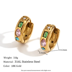 18K gold-plated stainless steel hoop earrings with colorful zircon stones in a 45-degree view