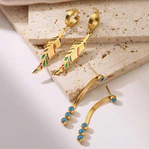 Bohemian Titanium Steel Feather Evil Eye Drop Earrings For Women Vintage Enamel Colorful Long Dangle Earrings Fashion Jewelry