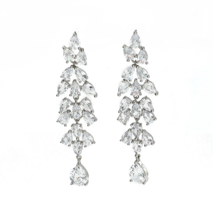 Elegant silver drop earrings featuring layered pear-cut zircon stones on a white background
