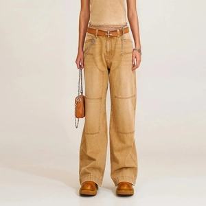 Wide Leg Cargo Denim Pants Vintage Distressed Washed Cotton Trousers With Chain Belt Streetwear For Women