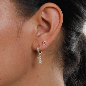 Exquisite S925 silver star hoop earrings and stud set with zircon crystals on model ear