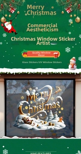 Detail view of UV printed Merry Christmas window stickers with 3D snowflake and reindeer patterns