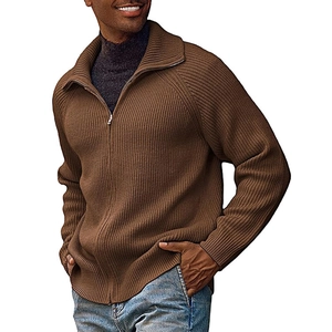 Men's dark brown knit sweater with a quarter-zip collar and ribbed texture details