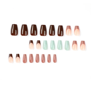 Brown and mint green French press-on nails in medium ballerina shape with glossy finish