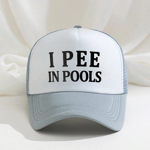 Close-up of I PEE IN POOLS slogan print on a blue and white mesh trucker hat