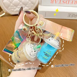 Cat Milk Tea Cup Keychain With Floating Liquid Artificial Pearls Acrylic Plastic Miniature Bottle Holographic Strap For Women Girls