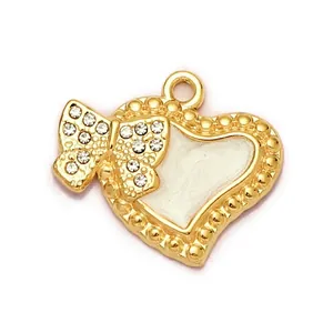 Stainless steel heart bow pendant with rhinestones and enamel, 16mm height x 19mm width