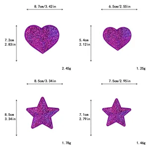 Size chart for heart and star sequin patches showing dimensions in cm and inches