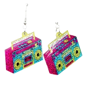Glittery retro radio earrings in pink and blue for a vintage fluorescent look