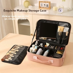Pink PU leather makeup box with adjustable dividers, built-in mirror and brush organizer