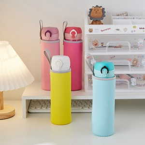 Detailed view of insulated cup sleeves in pink, rose, yellow and blue with lanyards