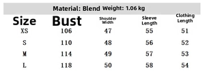 Size chart for women's loose faux shearling top showing chest and length measurements