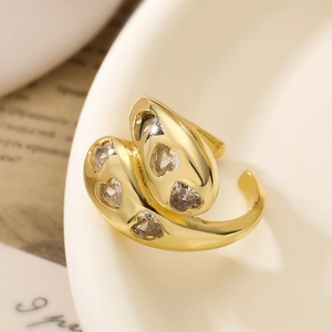 Elegant gold plated adjustable open ring featuring five white heart-shaped zircon stones