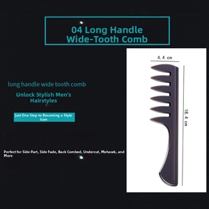 Close-up of a long handle wide-tooth hair comb for men's vintage oil hair styling