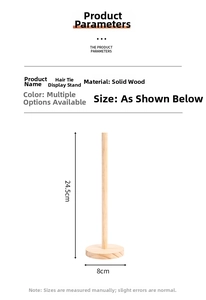 Detailed view of wooden scrunchie holder stand with dimensions 24.5cm height and 8cm base