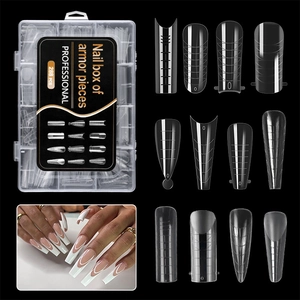 Detail showing 288pcs transparent nail extension tips with scale marks and box