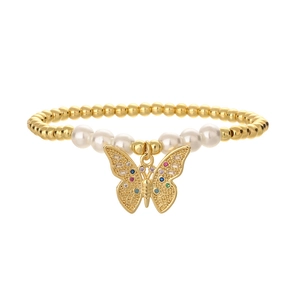 Elegant gold bead and pearl bracelet with colorful zircon butterfly pendant on white base