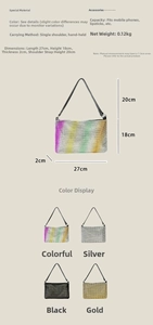 Detailed view of sparkly rhinestone shoulder bag showing dimensions 27x18x2cm and colors
