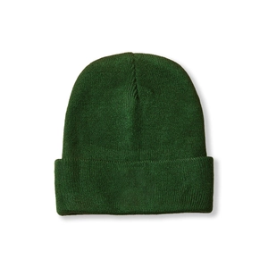 Detail of dark green ribbed knit beanie showing high-quality wool texture and cuff