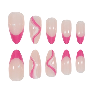 French gradient almond press-on nails set with wavy patterns in rose and cream white