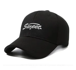 Close-up of white Sweet cursive embroidery on black canvas baseball cap side profile