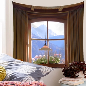 Bedroom wall decor detail showing a realistic snow mountain landscape window view tapestry