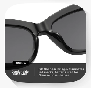 Close-up of integrated black nose pads on stylish cat-eye sunglasses for comfort