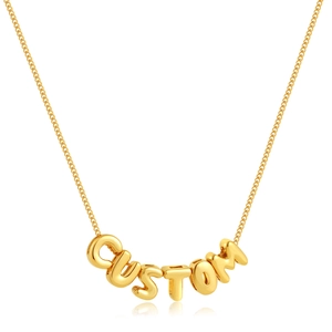 Golden personalized initial necklace featuring 3D letters spelling CUSTOM on a fine chain