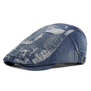 Classic dark blue denim beret with distressed holes and side metal buckle detail