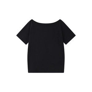Detail showing the clean off-shoulder neckline and black cotton fabric of the minimalist t-shirt