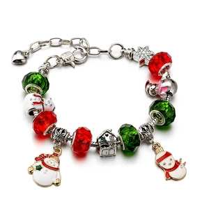 Christmas snowman bracelet with red and green crystal beads and enamel pendants