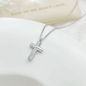 Cross necklace pendant in stainless steel with zircon inlay and fine silver-colored chain