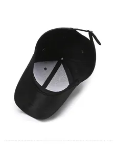 Close-up of black baseball cap inner lining with metal rivet and adjustable strap