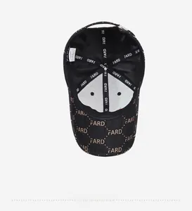 Detailed interior of black cotton baseball cap showing branded logo lining and stitching