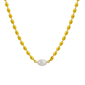 French style gold beaded necklace with oval titanium beads and a white freshwater pearl