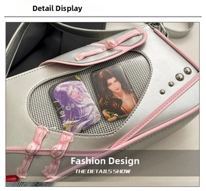 Detail view of silver Ita bag featuring pink trim, mesh window and Chinese frog buttons
