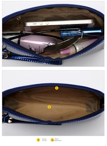 Interior layout of blue shell cosmetic bag with main compartment and zipper pocket