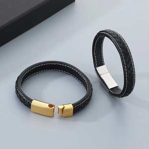 Men's double-layered leather bracelet with gold and silver magnetic steel clasps