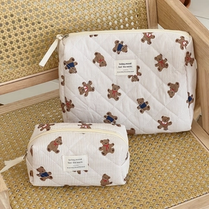 Quilted makeup bag set with cute bear print and textured striped cotton fabric