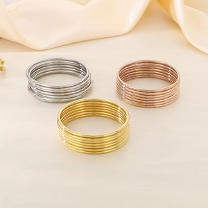 Three-set multi-layered 18K gold plated stackable stainless steel bangles in tri-color