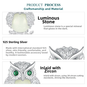 Detailed view of S925 silver owl earrings with luminous stone and green zircon stones