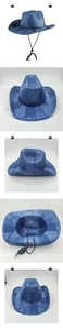 Detail view of blue denim texture cowboy hat with adjustable black drawstring and woven finish