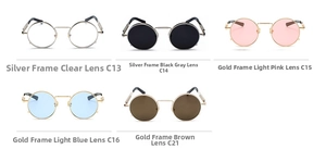 Detailed grid of retro steampunk sunglasses showing various frame and lens color options