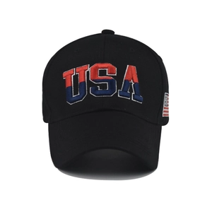 Classic black cotton baseball cap with bold USA embroidery and American flag side patch
