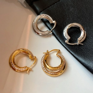 Double Layer Twisted Hoop Earrings Alloy Sparkling Zircon Geometric Round Ear Buckles For Women Elegant Fashion Jewelry